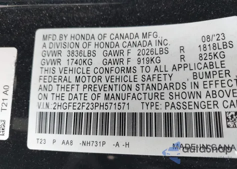 2023 Honda Civic Lx from USA, damaged, VIN 2HGFE2F23PH571571